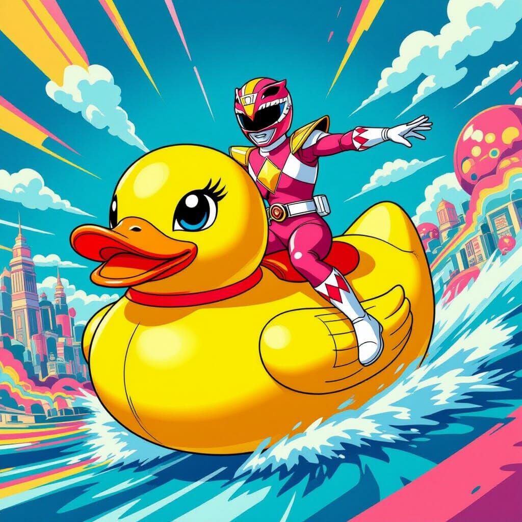 Power Ranger Rides Rubber Ducky Zord in Pop Art Style