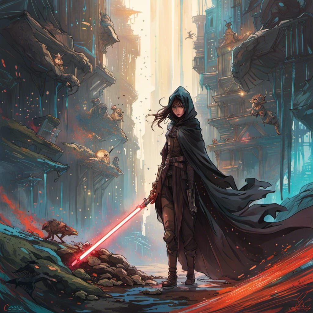 Female Jedi with Lightsaber and Androids