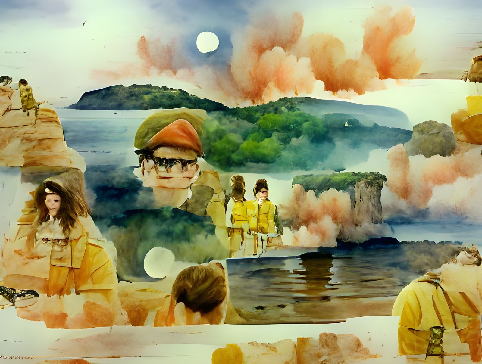 Whimsical Moon Over Tranquil Landscape Illustration