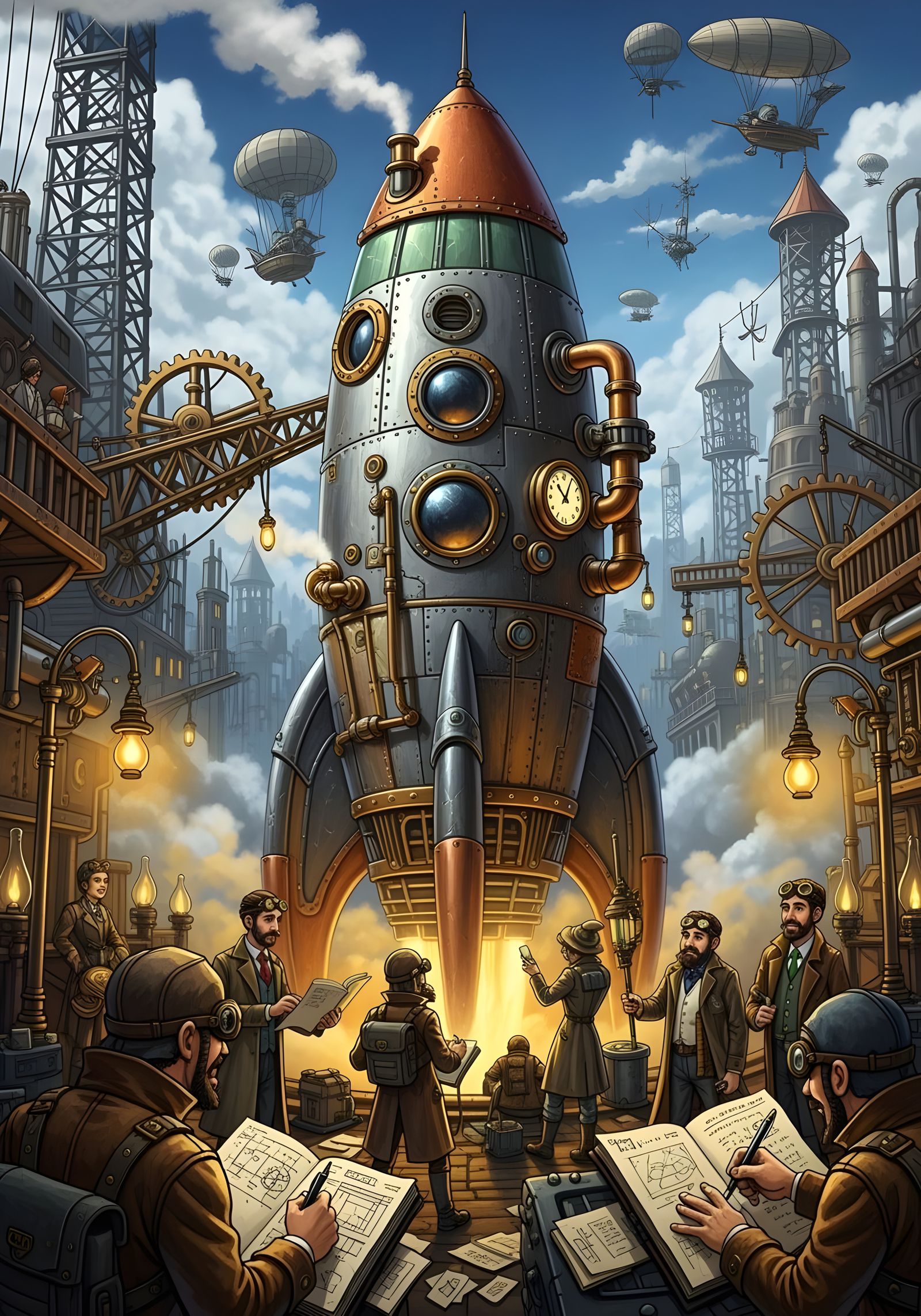 Steampunk Rocket Launch Preparation in Hyperrealistic Style