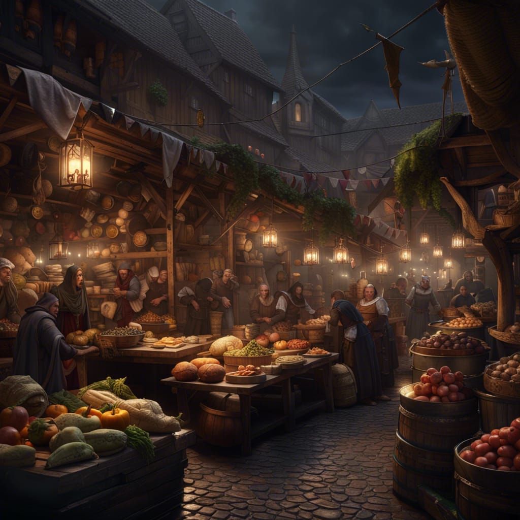 Medieval Food Market in Dark Fantasy Style