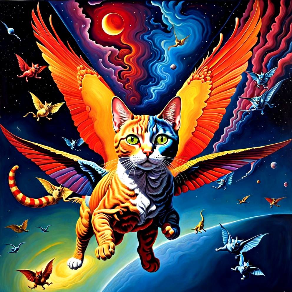 Photorealistic Flying Cat in Surreal Cosmic Scene