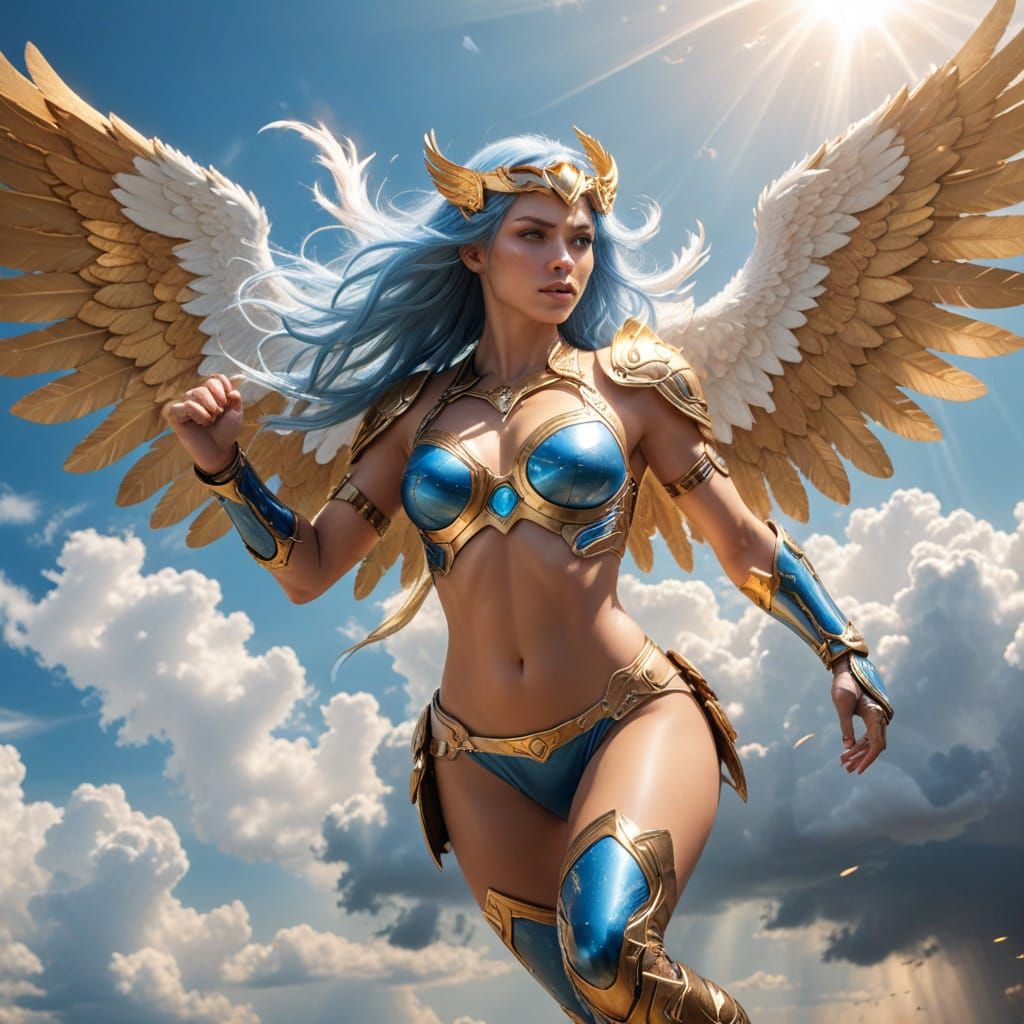 Cyborg Valkyrie Soars Through Battle in Heavenly Skies