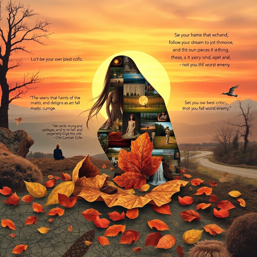 Fall Paper Collage Art of Woman at Sunset