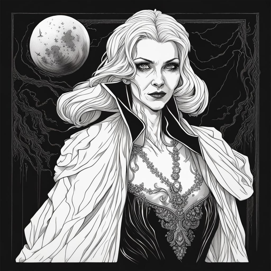 Vampire Lady Portrait in Topographical Line Art