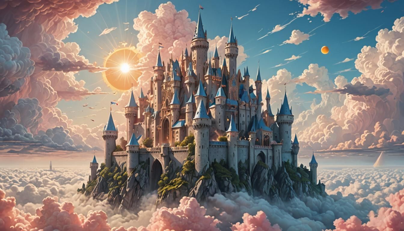 Floating Castle in Clouds, Surreal Matte Painting
