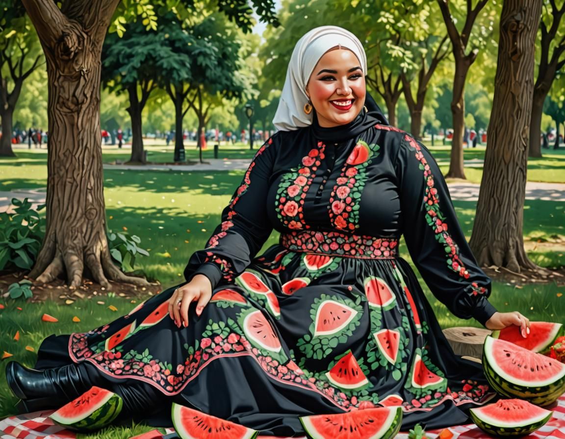 Psychedelic Oil Portrait of Woman Eating Watermelon