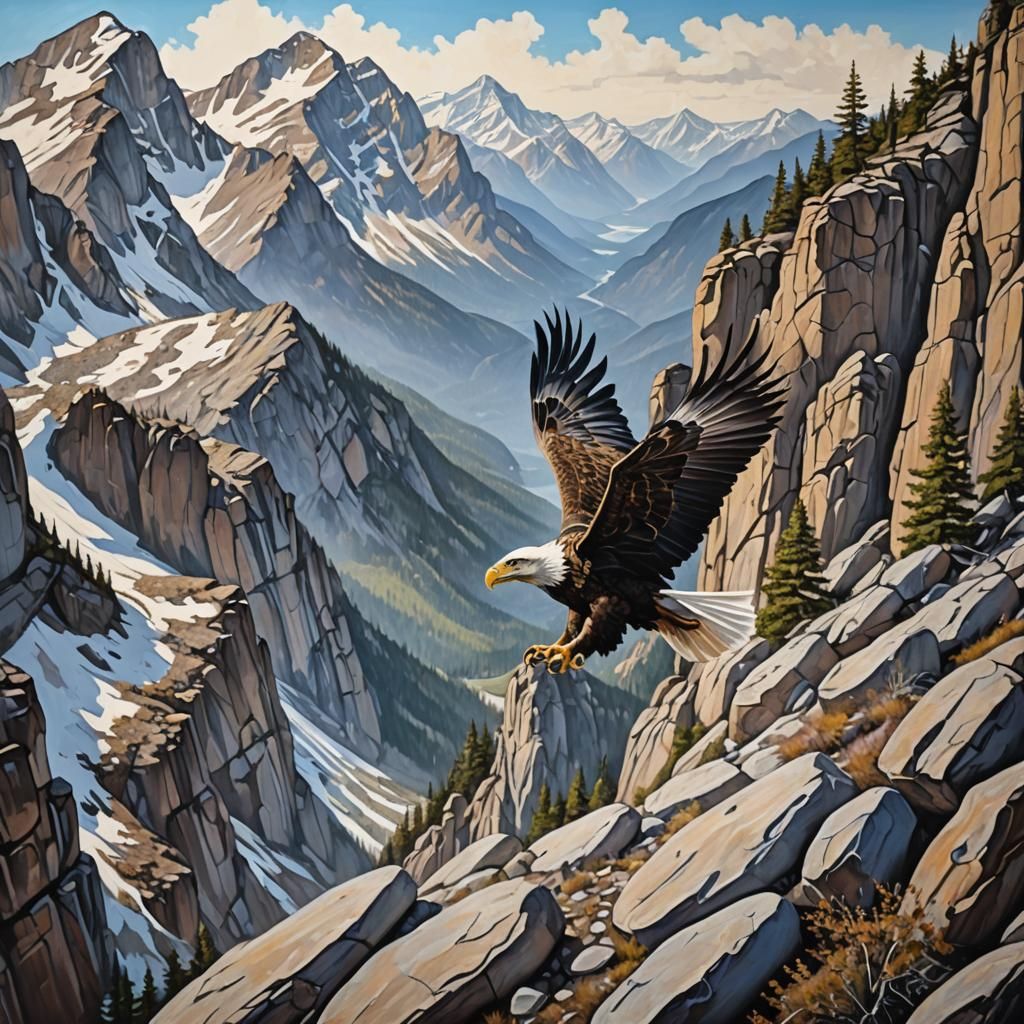 Eagle Over Rocky Mountains: Acrylic Painting