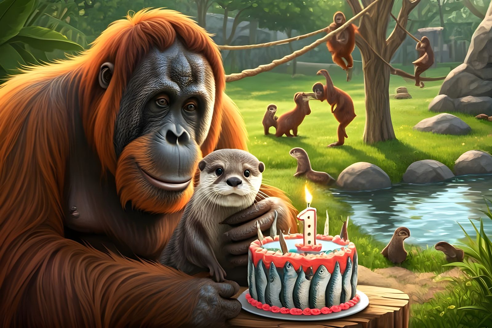 Motherly Love Between Orangutans and Otters in Vibrant Zoo