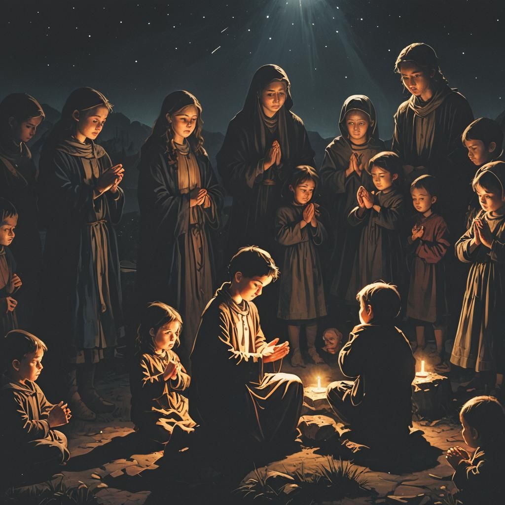 Children Praying Under a Divine Night Sky