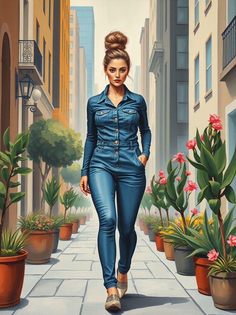 Curvy Woman Strolls through a Charming Urban Oasis in Soft P...