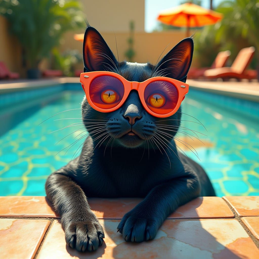 Sleek Cat in Retro Sunglasses by Turquoise Pool