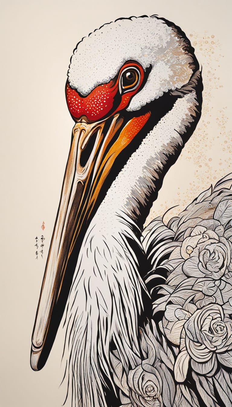 Traditional Japanese Linocut of a Long Necked Oriental Stork