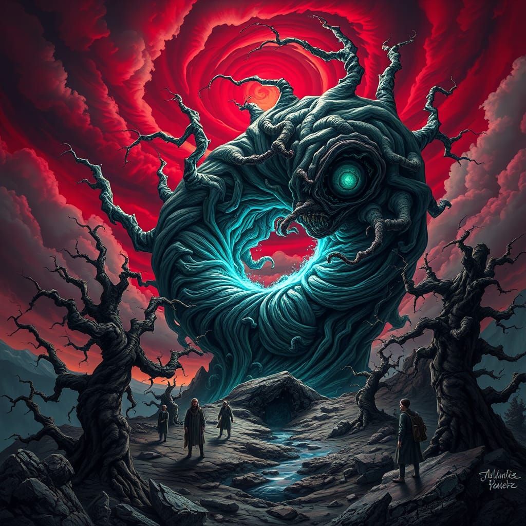 a majestic, hyper-realistic illustration of a grotesque, nig...