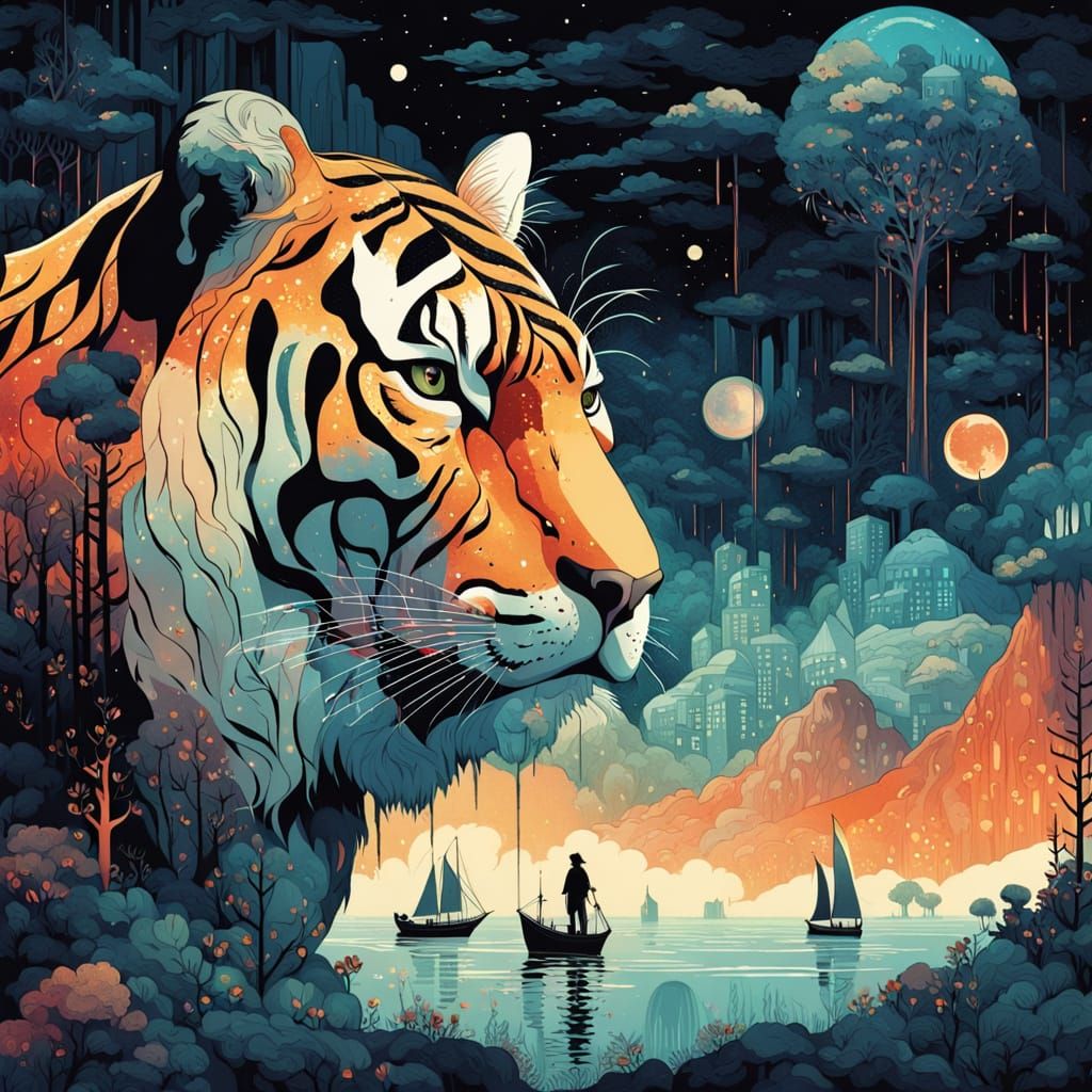 Cosmic Tiger in Vibrant Galaxy Landscape