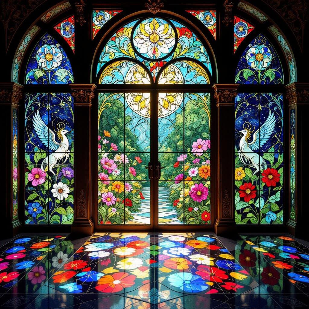 Celestial Garden Stained Glass in Art Nouveau Style
