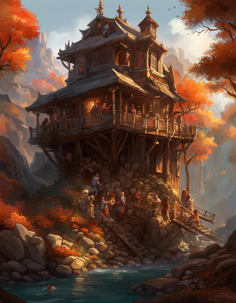 Epic Autumn Treehouse Masterpiece in Hyperdetailed Fantasy S...