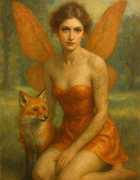 Fae Figure with Fox in Art Nouveau Style