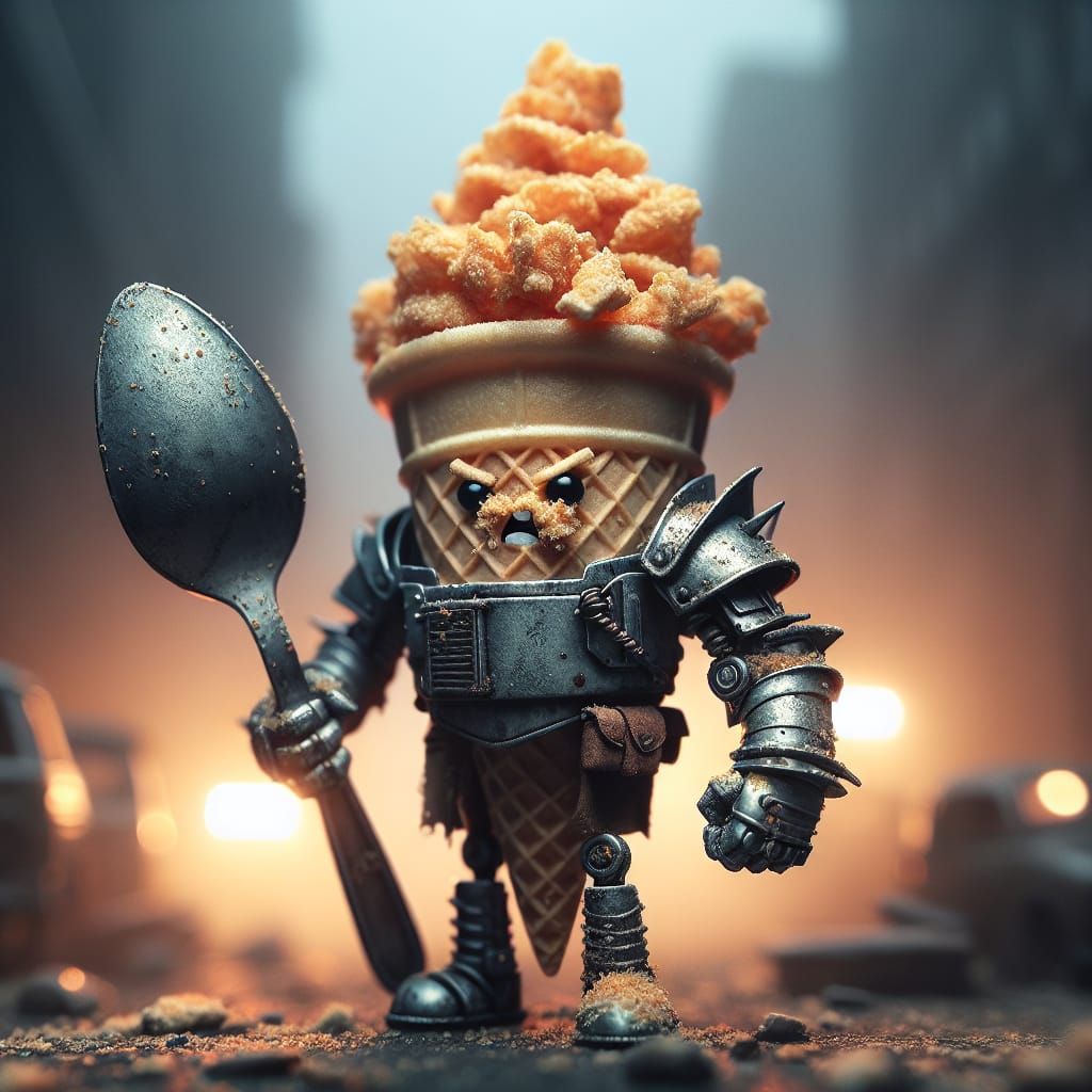 Diesel-Punk Ice Cream Cone Warrior in Dystopian City