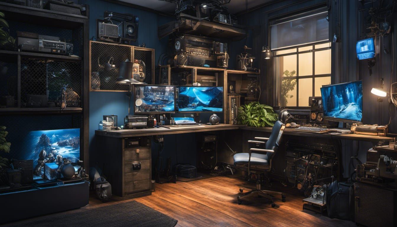 Hyperrealistic Otaku Bedroom with Aquarium and Bird Cages