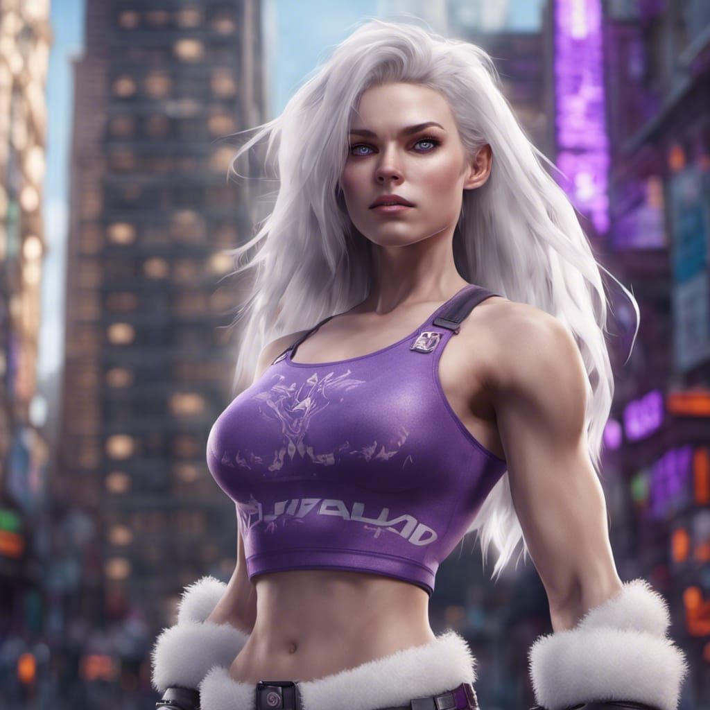 Muscular Woman in Cityscape with Dramatic Lighting
