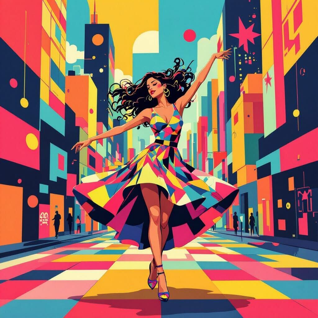 Vibrant Woman Dancing in City Square: Pop Art Surrealism