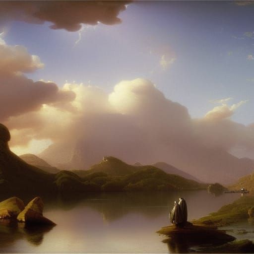 Pink Clouds Over Majestic Mountains, Romantic Landscape