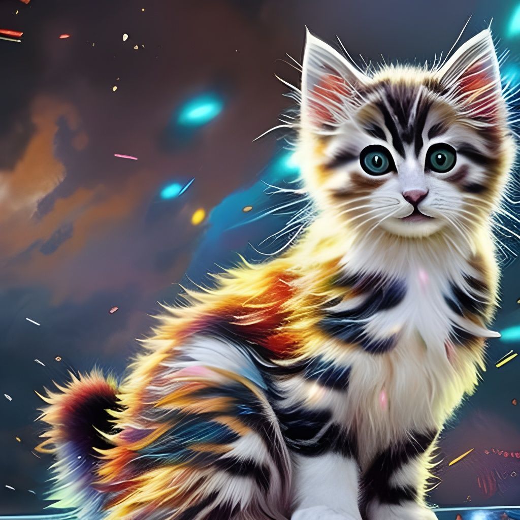 Majestic Kitten Portrait with Galaxy Fireworks, Hyperdetaile...