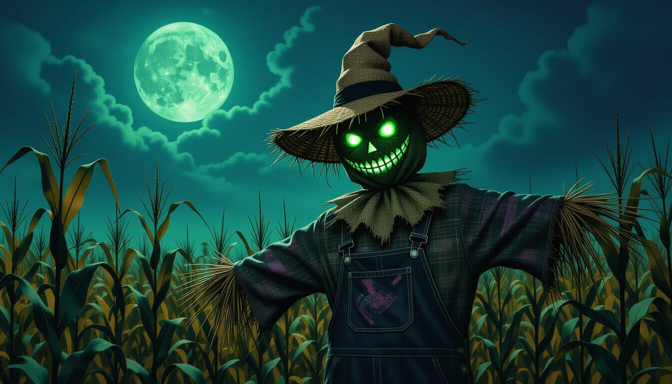 Macabre Scarecrow in Moonlit Gothic Horror Cornfield