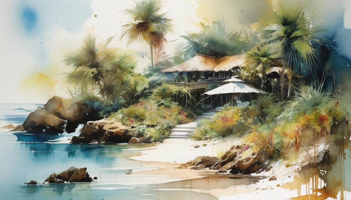 Watercolor Island Oasis Scene