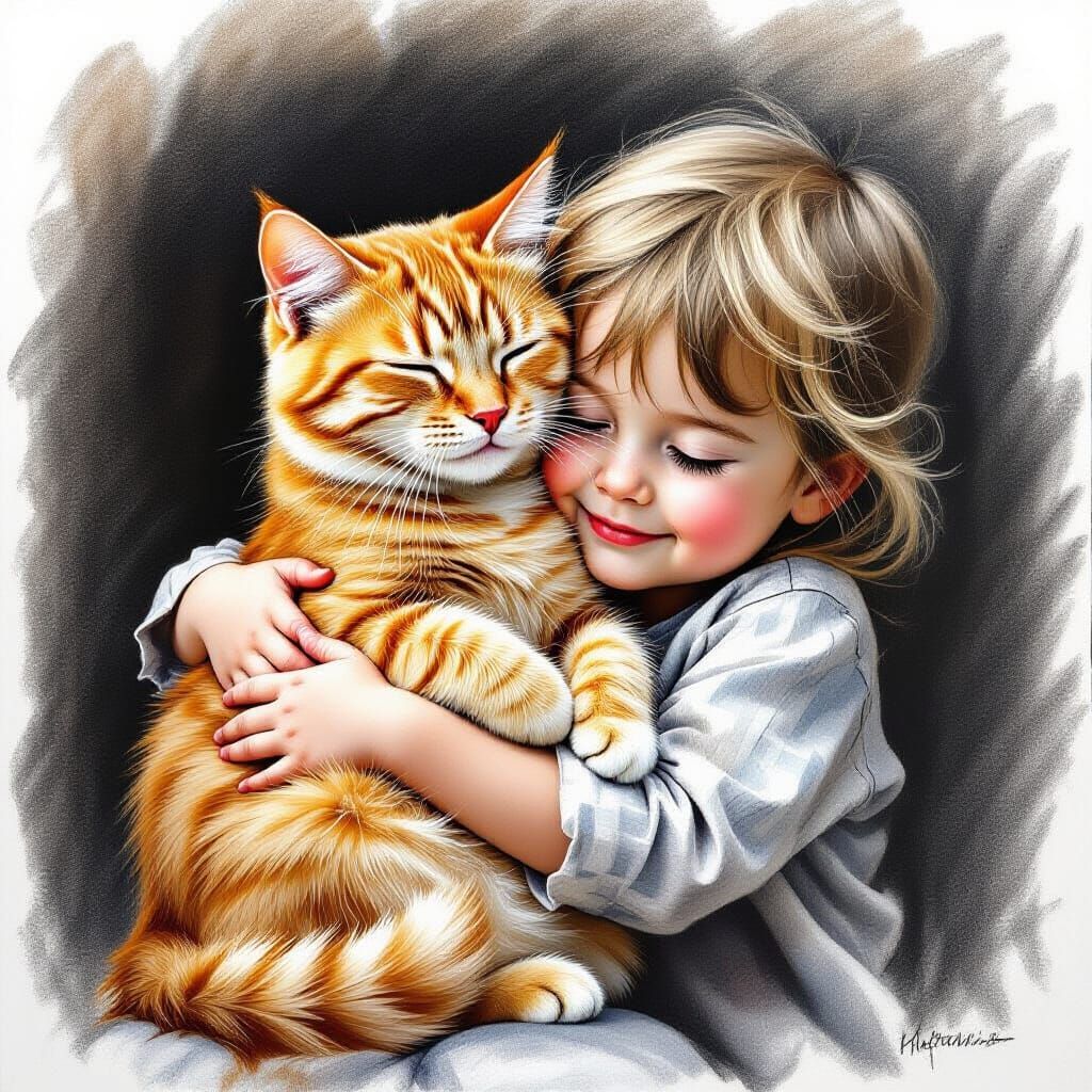 Three-Legged Orange Cat Hugged by Child, Charcoal Drawing