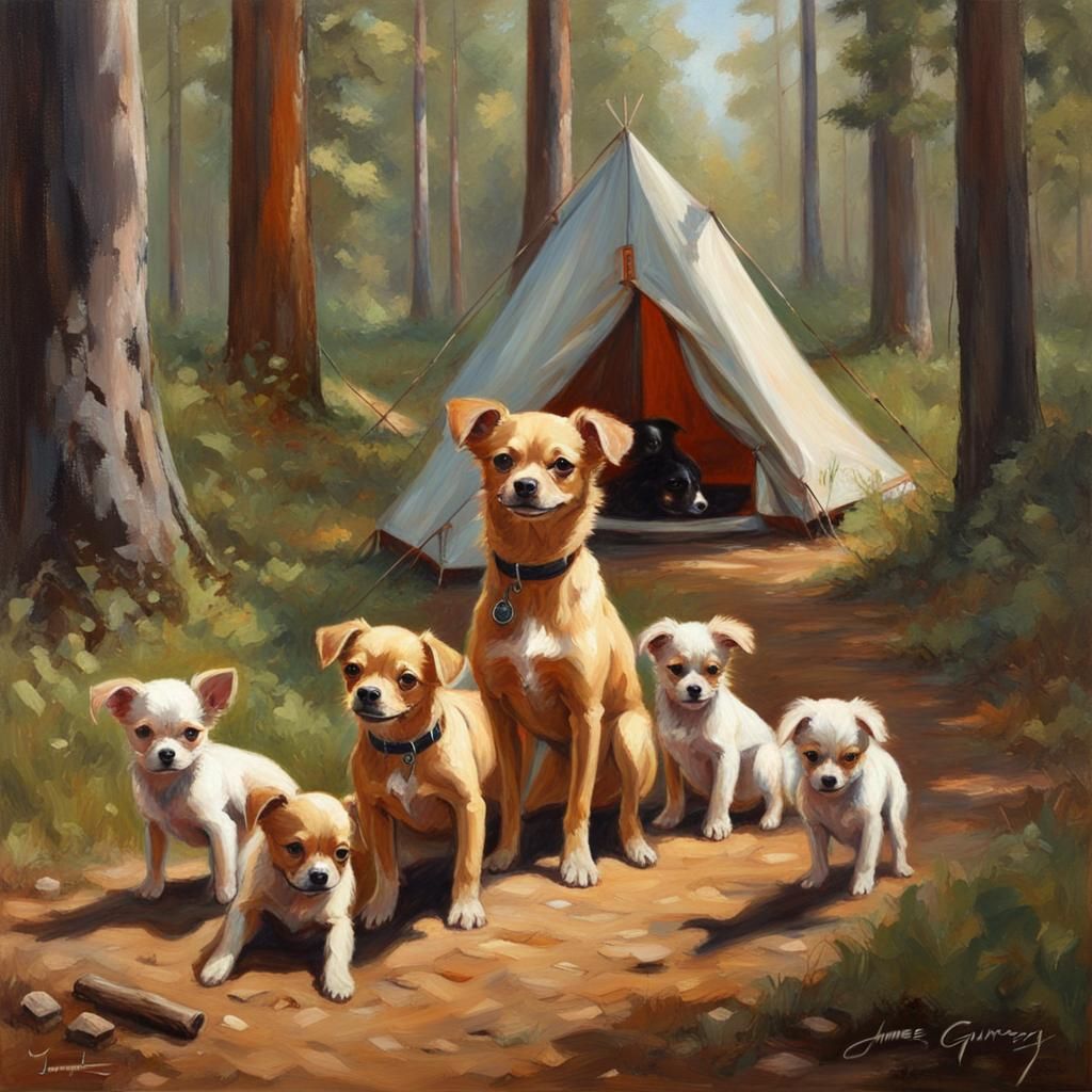 Chihuahua Family in Summer Forest, Oil Painting