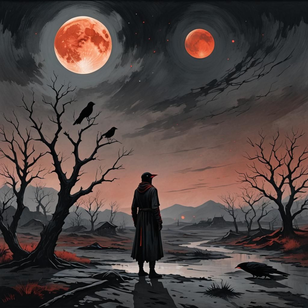 Eerie Pact: Figure Reaching for Blood Moon