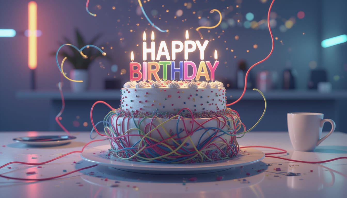 Futuristic Birthday Cake Made of Colorful Wires in CGI