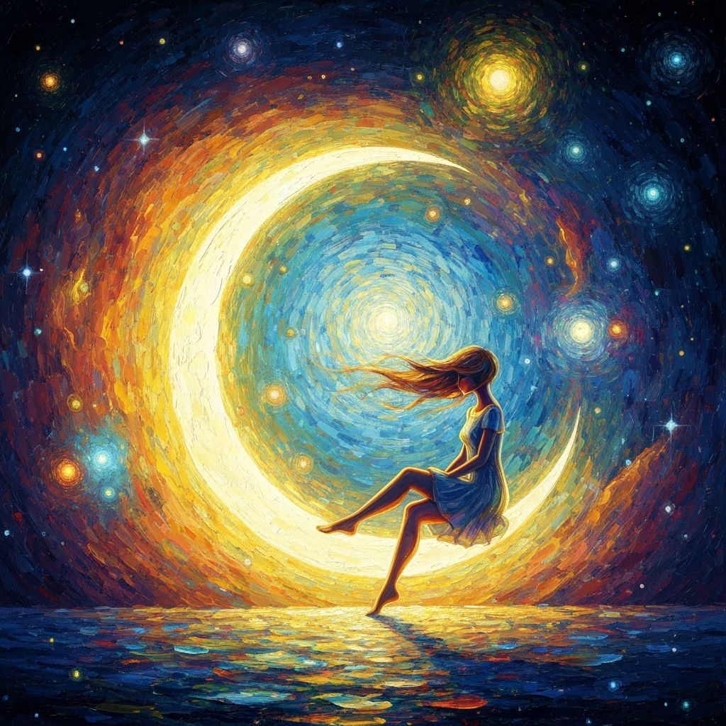 Girl on Moon Amidst Cosmic Fractals in Impasto Style