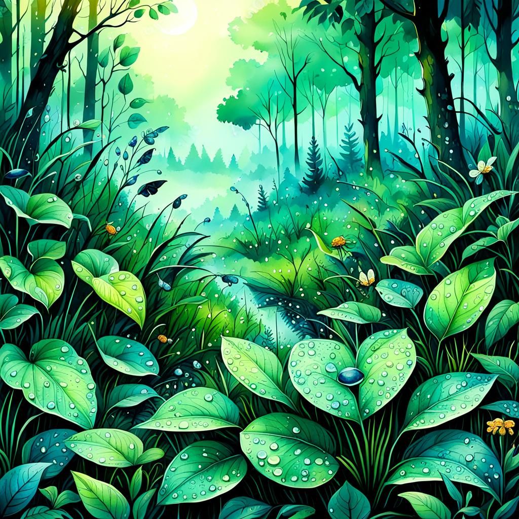 Dew Drops at Dawn: Watercolor Forest Illustration