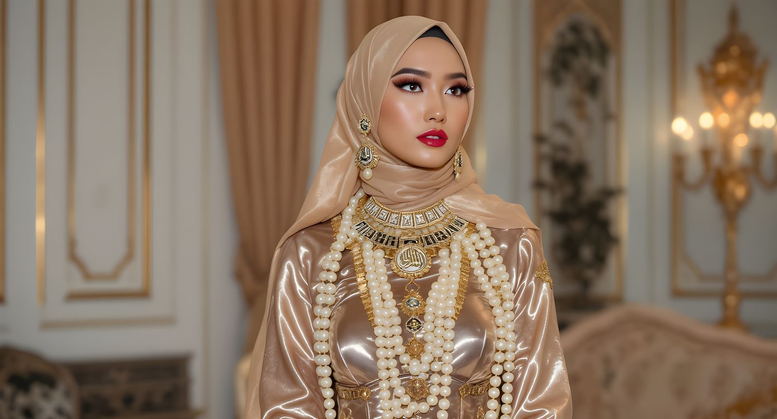 Asian Woman in Futuristic Jumpsuit with Pearl Body Chain