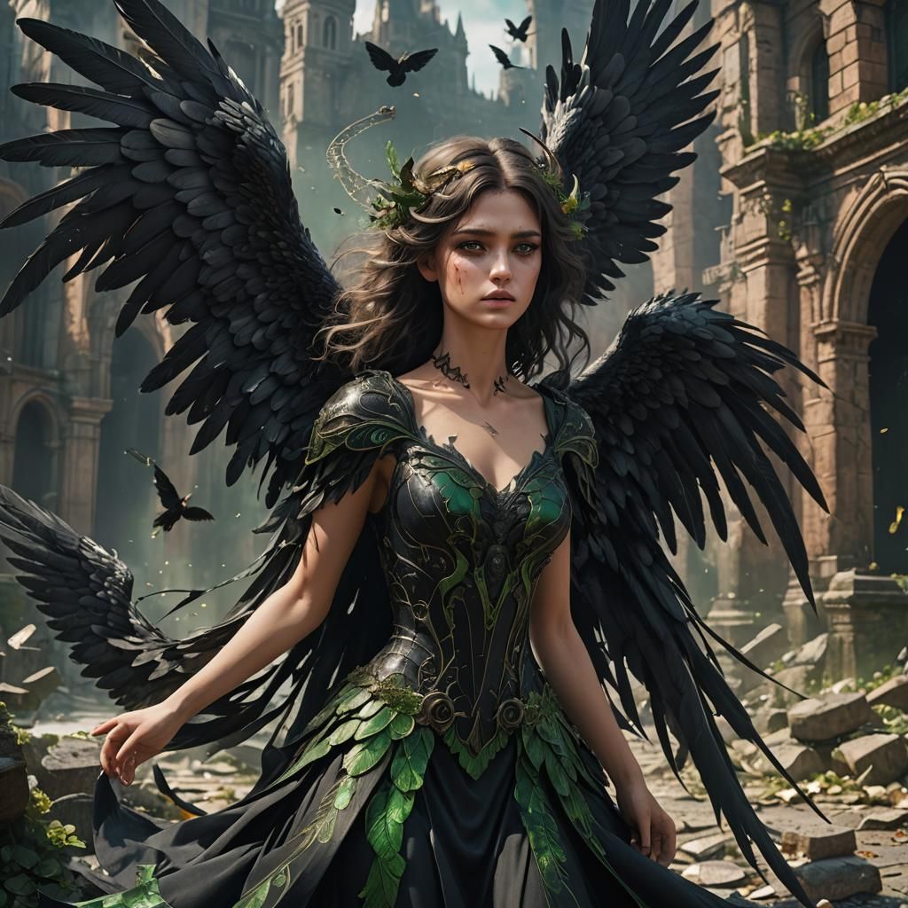 Fallen Angel with Black Wings in Detailed Matte Painting