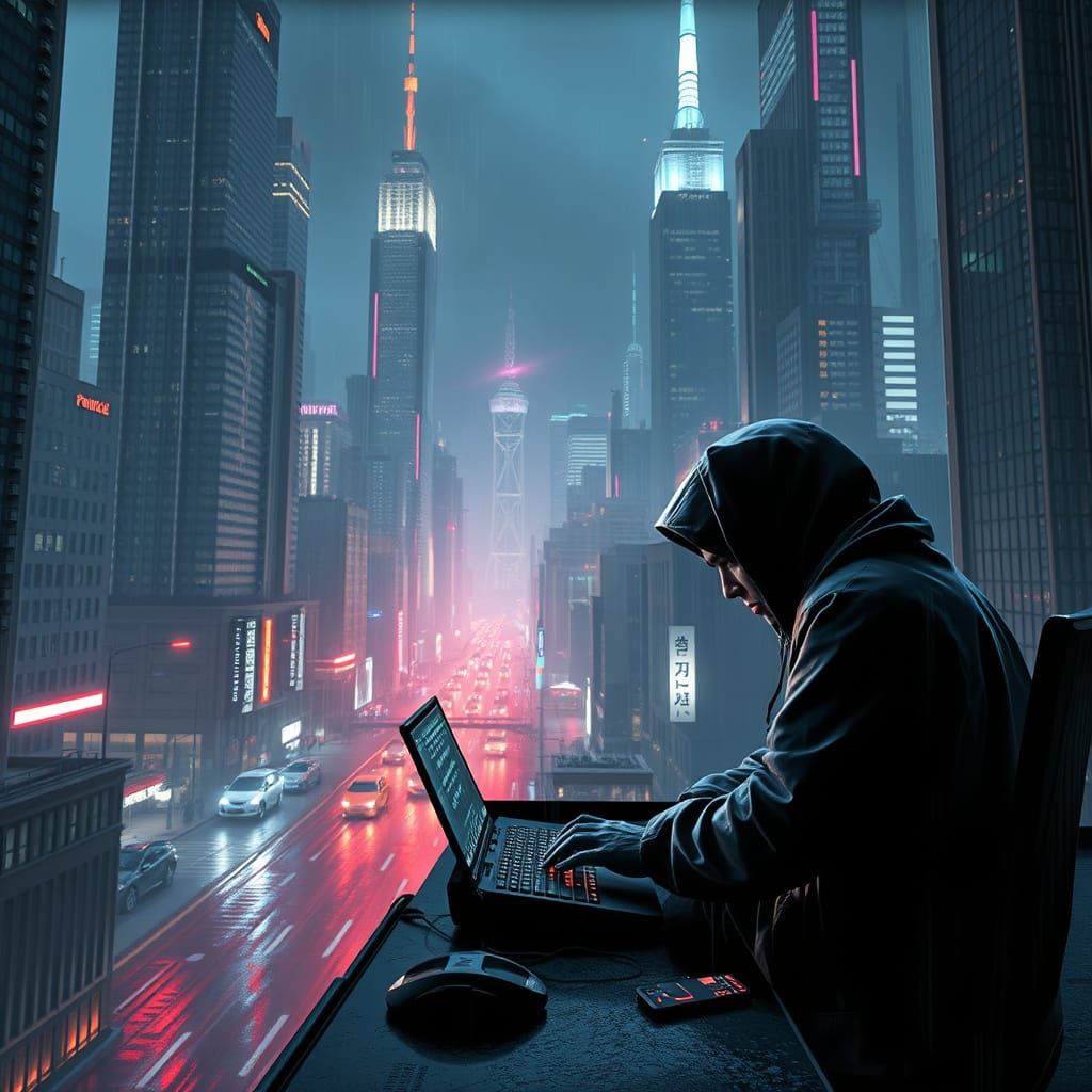 Cyberpunk Cityscape with Hacker in a 3D Rendered Style