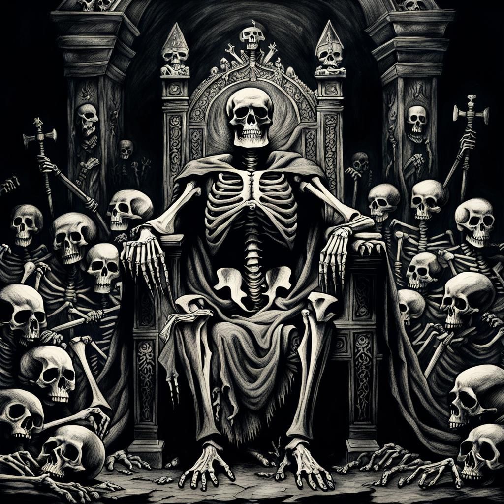 Charcoal Skeleton King Amidst Dead Bodies