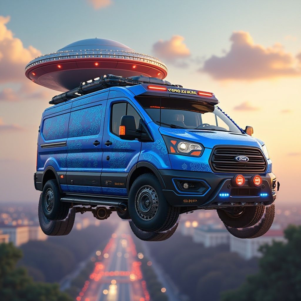 Futuristic Flying Ford Van in Cyberpunk Style