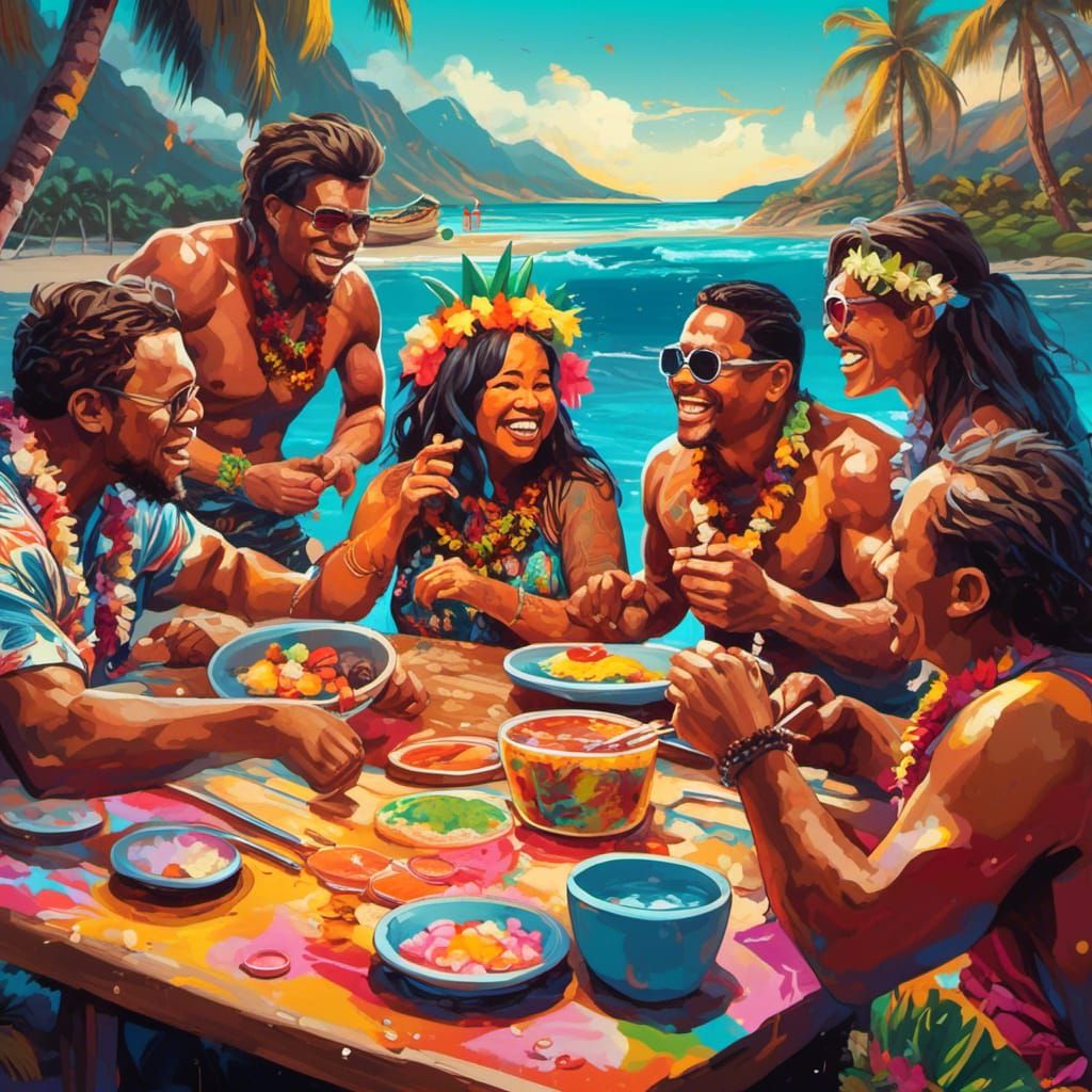 Hawaiian Luau on the Beach in Graffiti Art Style