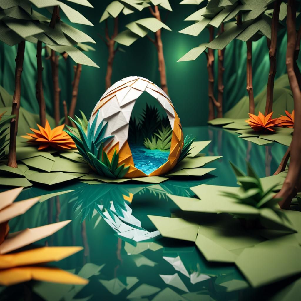 Jungle in Egg: Hyperrealistic Origami Concept Art