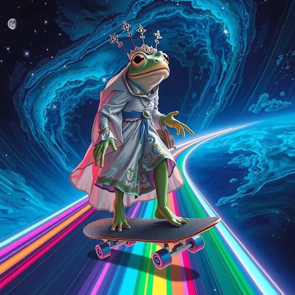 Frog Queen Surfing a Neon Rainbow Road in Space