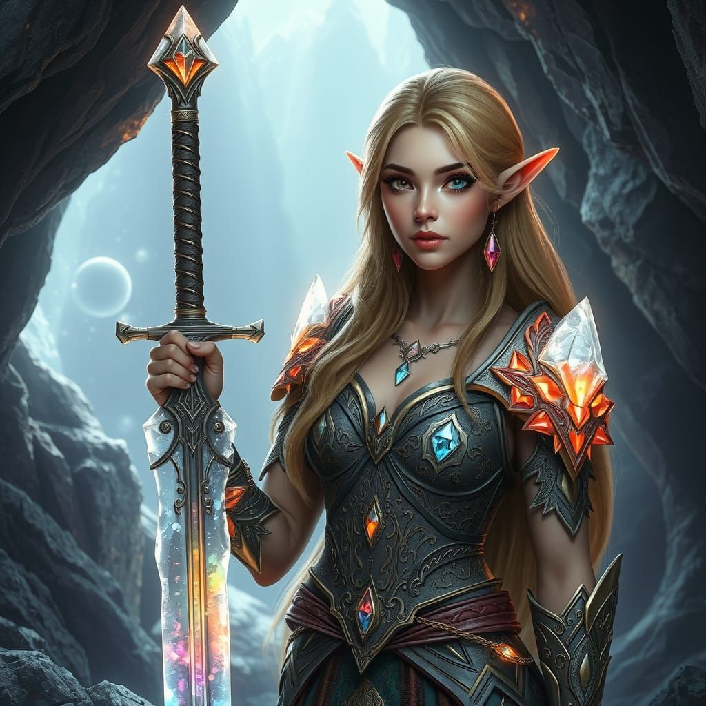 Elf Warrior in Crystalline Cave, Hyperrealistic Fantasy Art