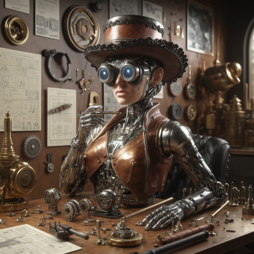 Epic Cyberpunk Cyborg Drone in Bustling Workshop