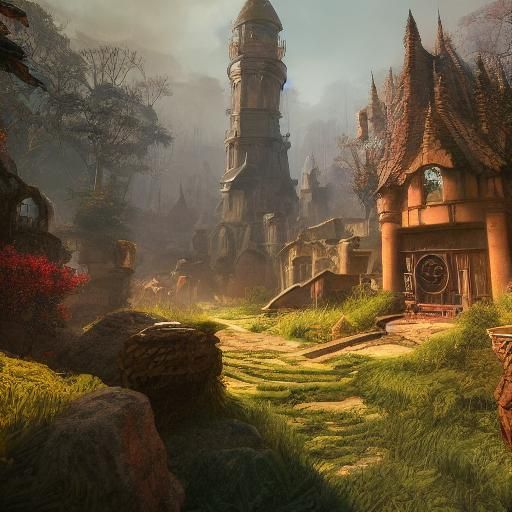 Surreal Fantasy Logo Illuminated by Glowing Orbs and Lantern...