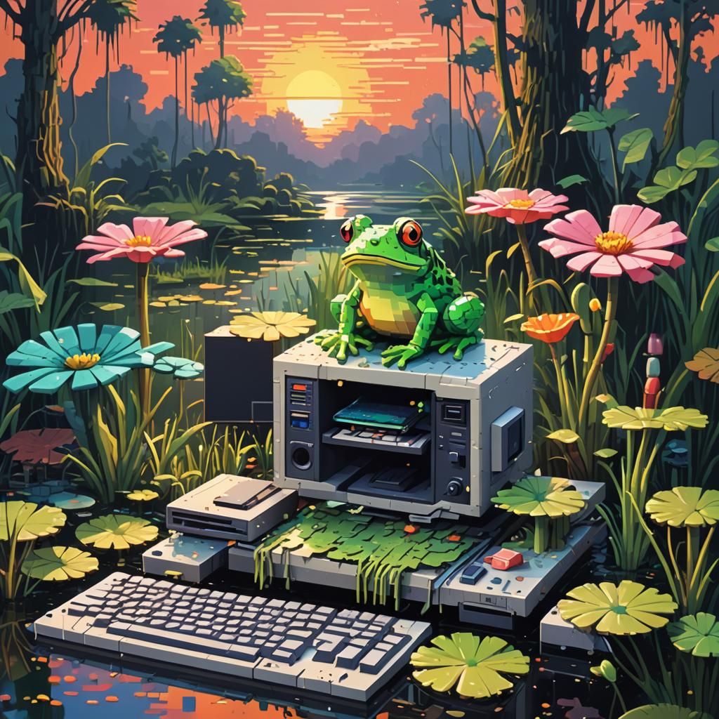 Pixelated Frog Portrait with 80s Computer