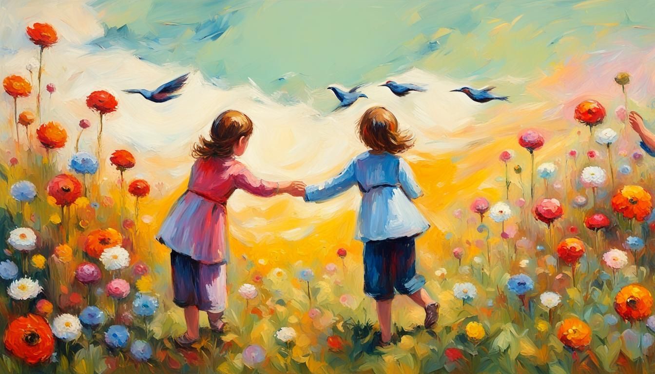 Children Playing in Meadow, Neo-Impressionist Oil Painting