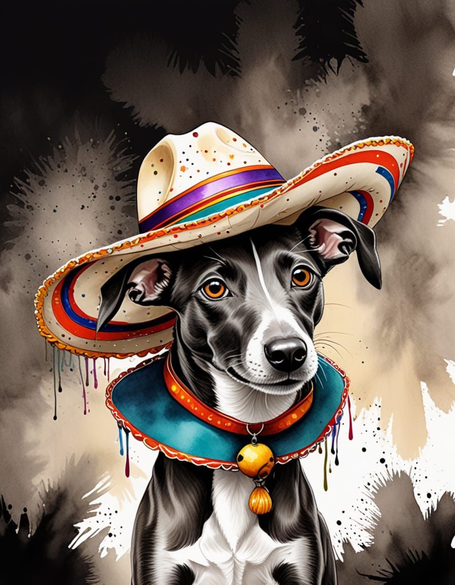Whippet Puppy Celebrates Fiesta in Alcohol Ink Sketch